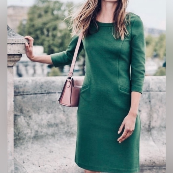 🥒 Boden Jasmine 1/2 Sleeve Ottoman Ribbed Short Shift Dress Pockets 4P Green - Picture 1 of 8